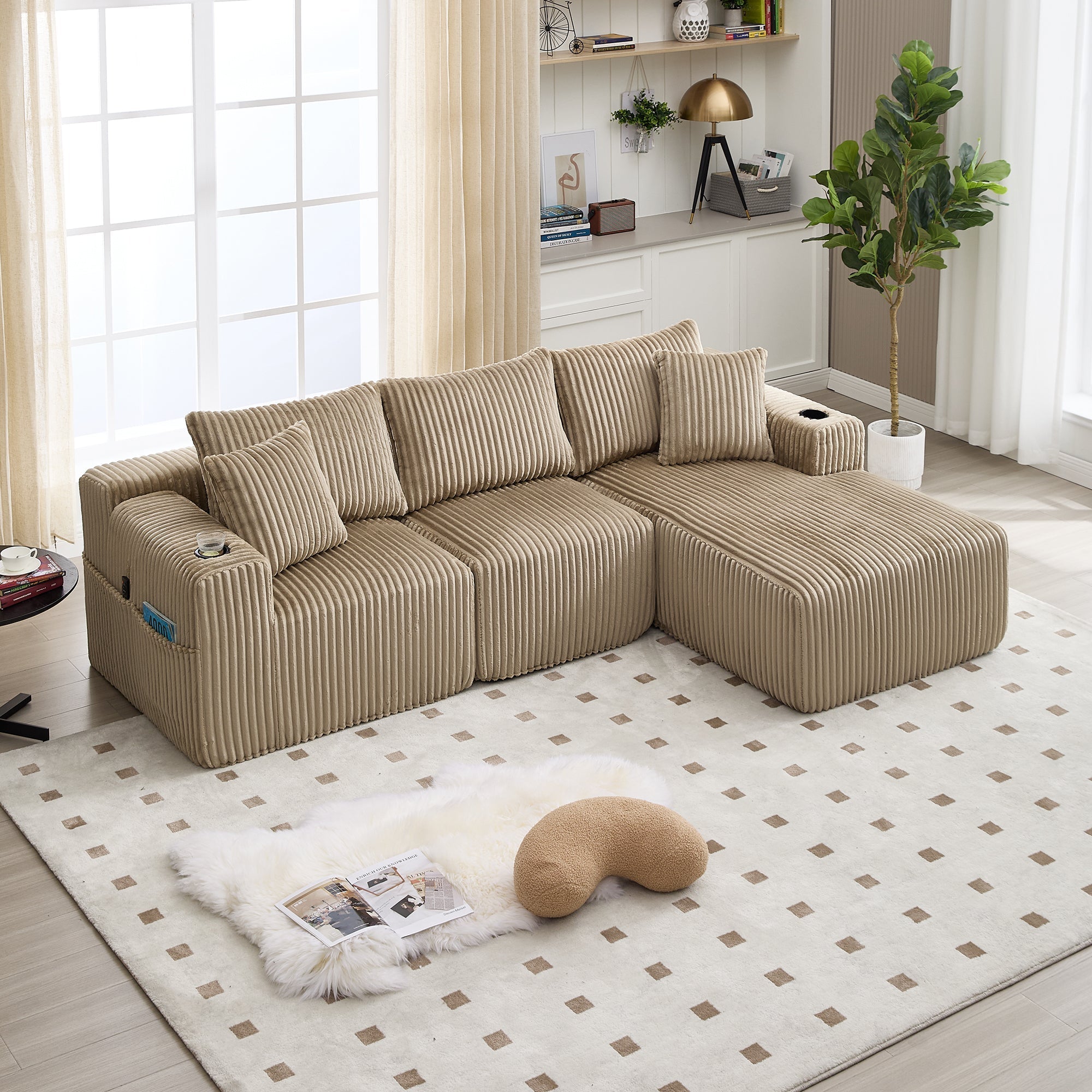 Modular Sofa Set Chaise & 2-Seater, 5 Cushions, Drink Holders, Corduroy Fabric