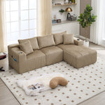 Modular Sofa Set Chaise & 2-Seater, 5 Cushions, Drink Holders, Corduroy Fabric