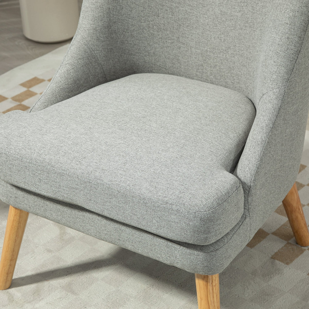 Armchair Lounge Chair, Upholstered with Armrest, Wooden Legs, Light Grey