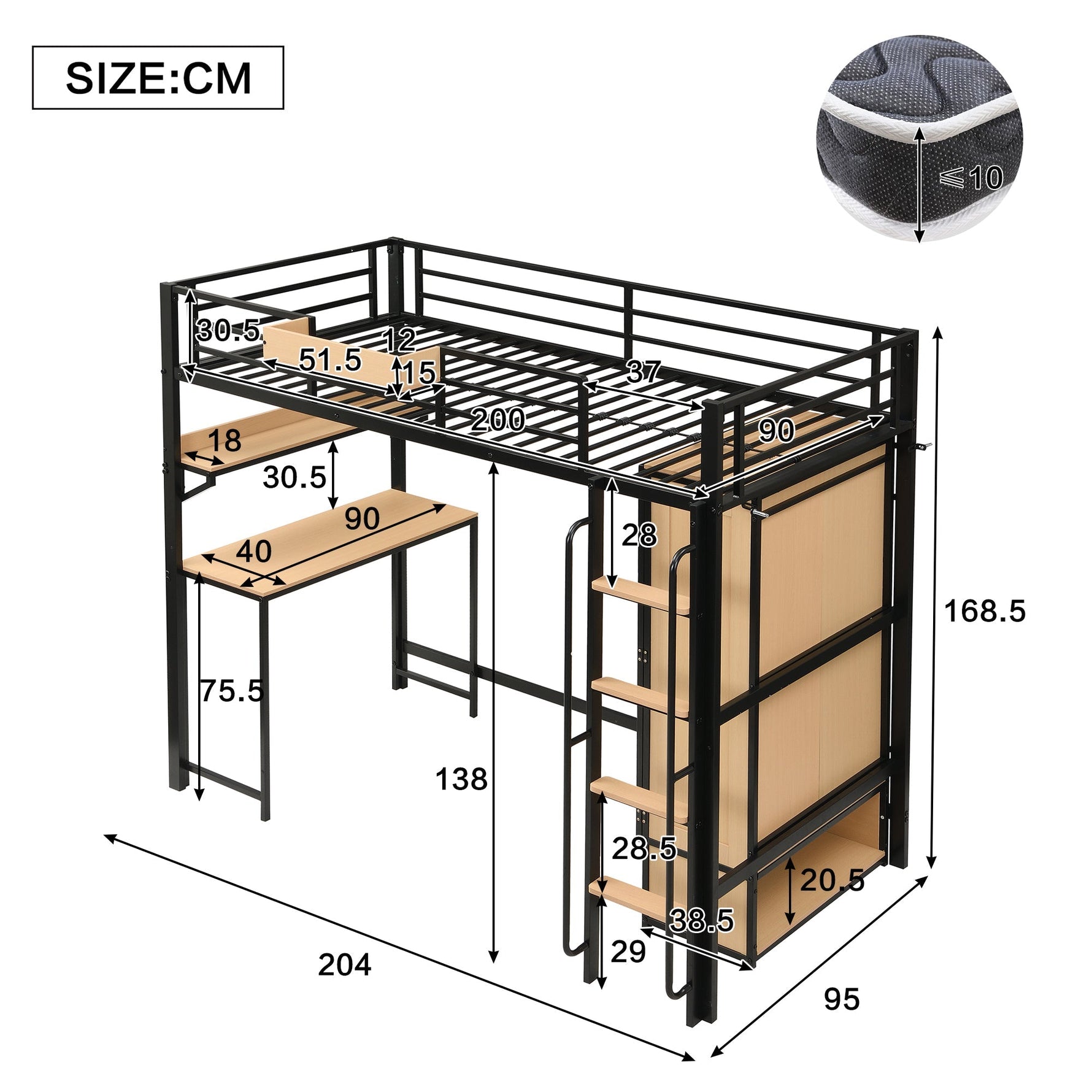 Iron Loft Bed, 90x200cm, Wardrobe Desk Stairs Storage, Black/Natural Iron + MDF