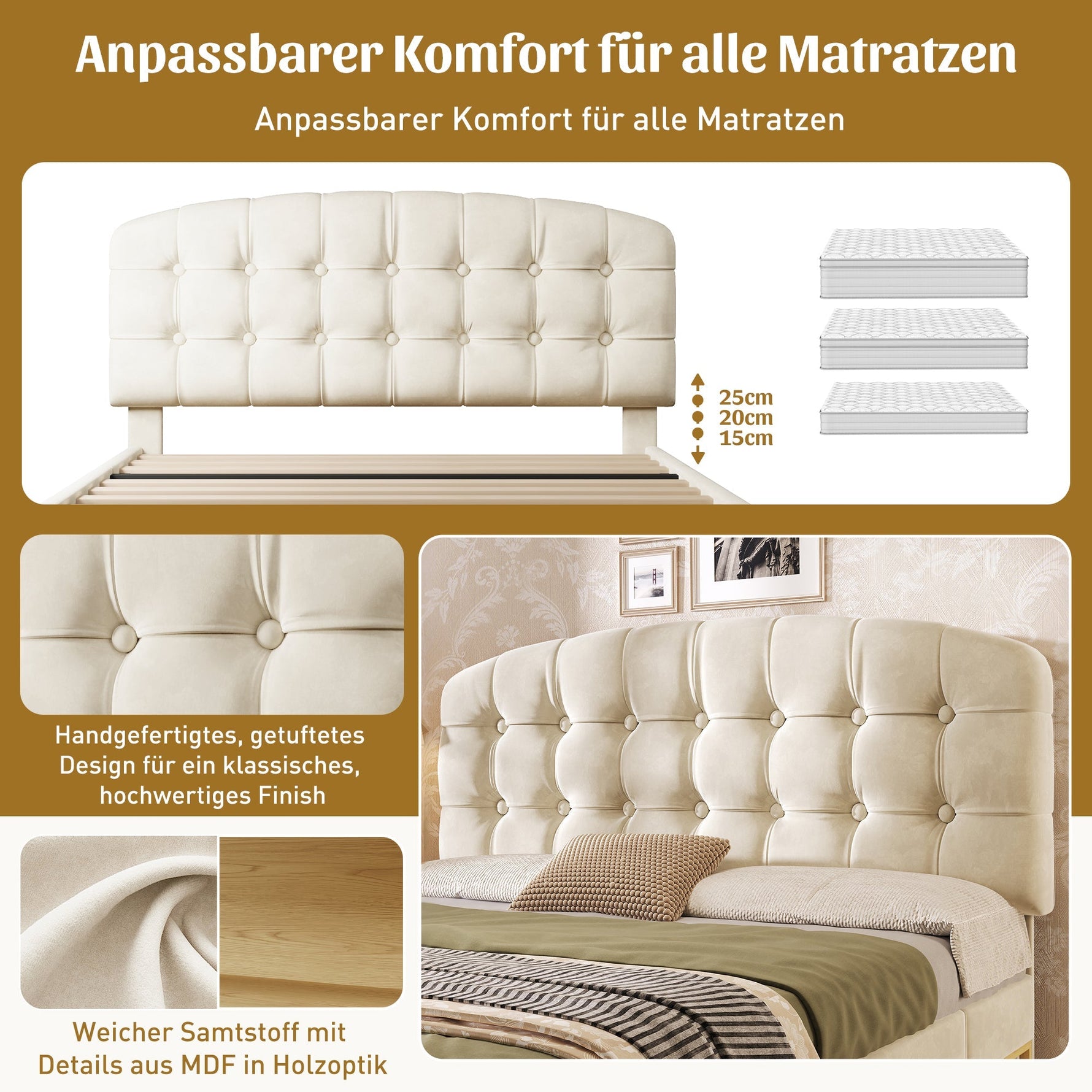 Upholstered Double Bed with Drawers, Storage and Adjustable Headboard, 140x200cm, Beige Velvet