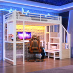 Loft Bed 90x200cm with Desk, LED Lighting & Storage - White