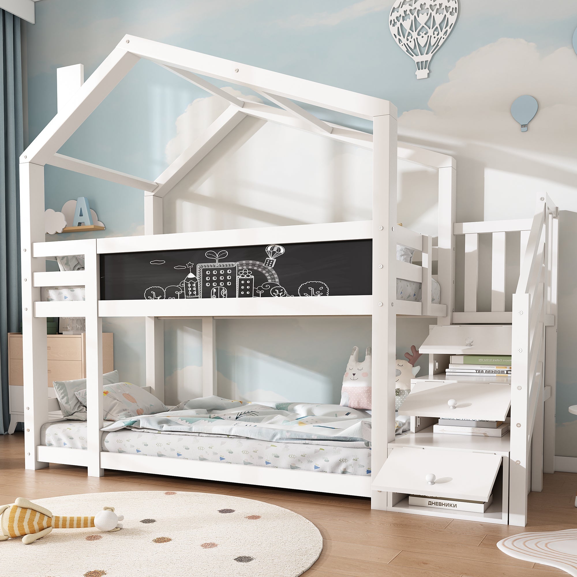Children's Treehouse Bunk Bed 90x200cm, Storage, Fall Protection, White