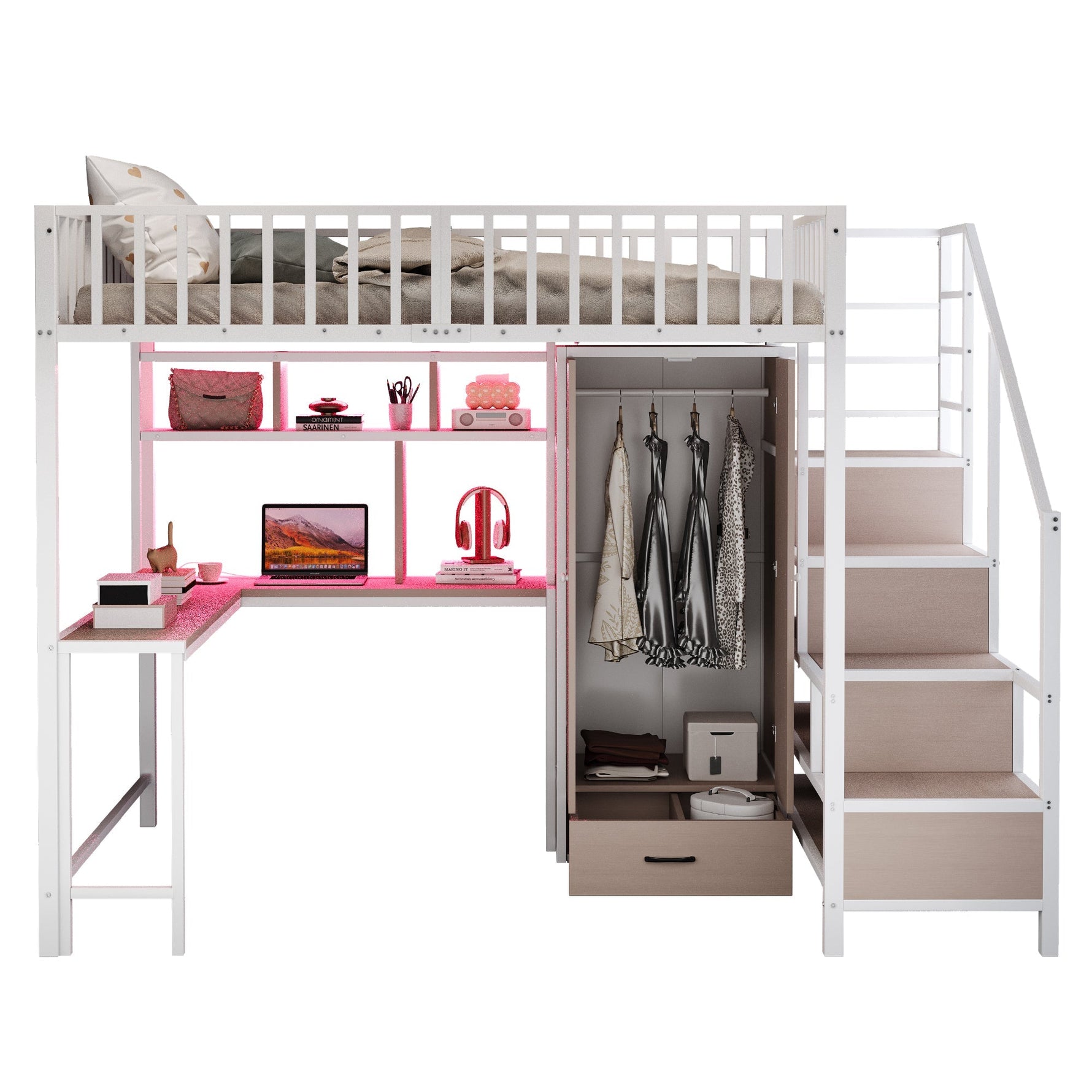 Metal Loft Bed 140 x 200 cm with Desk, Wardrobe, Storage Ladder and LED, White Metal Frame