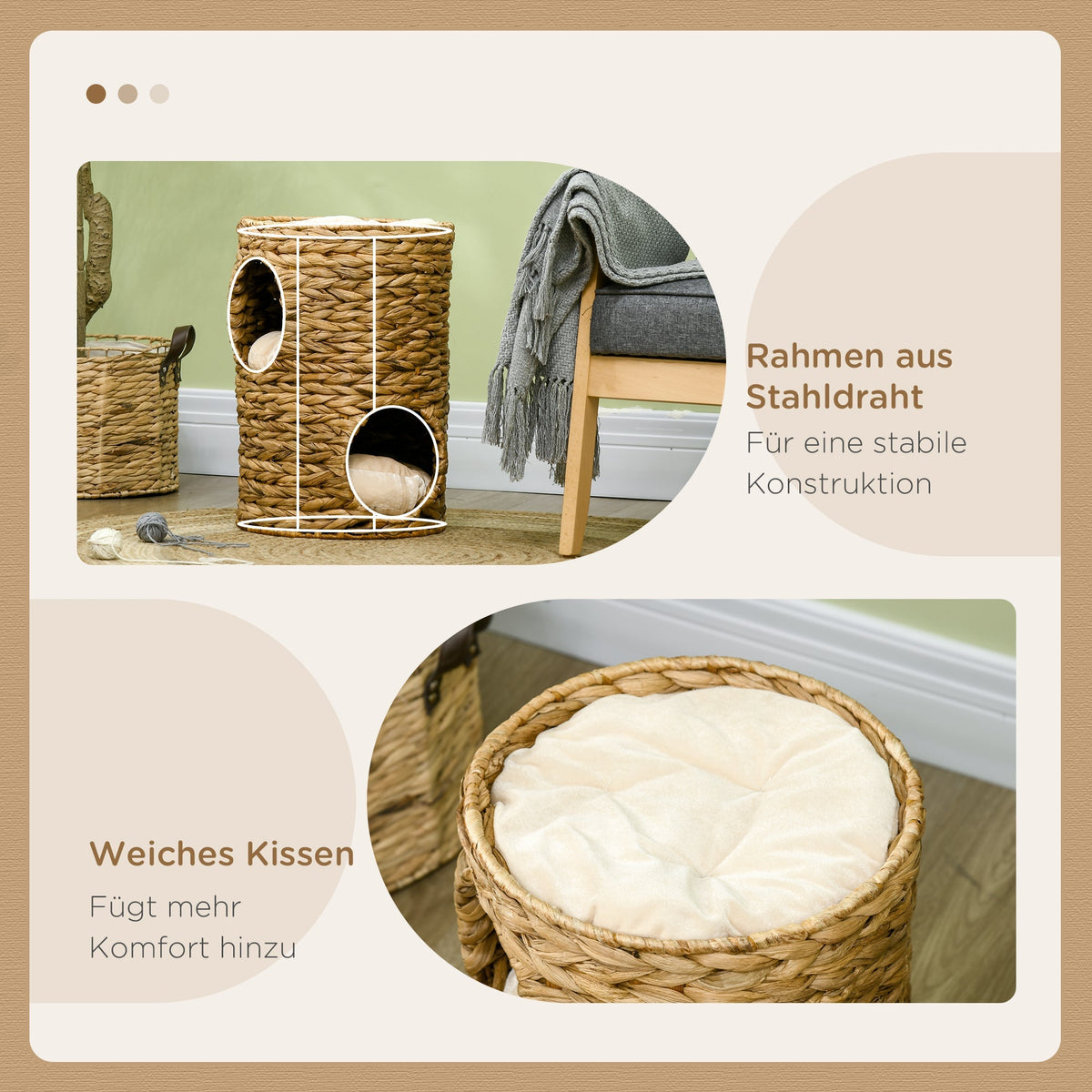 Scratching Barrel Cat Tower, 2 Levels, Water Hyacinth & Steel, Light Brown