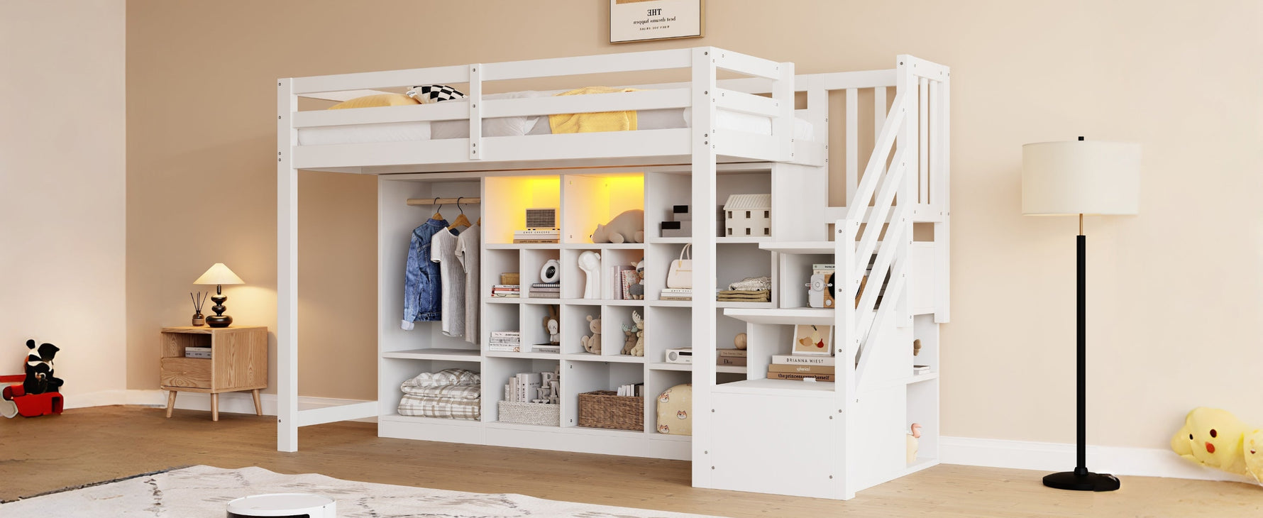 Loft Bed with Wardrobe, Storage Cabinets, LED and Storage Ladder, 90x200cm, White