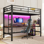 Loft Bed with Desk, USB, Power Outlets and App-Controlled LED Lights, 90x200cm, Black Metal
