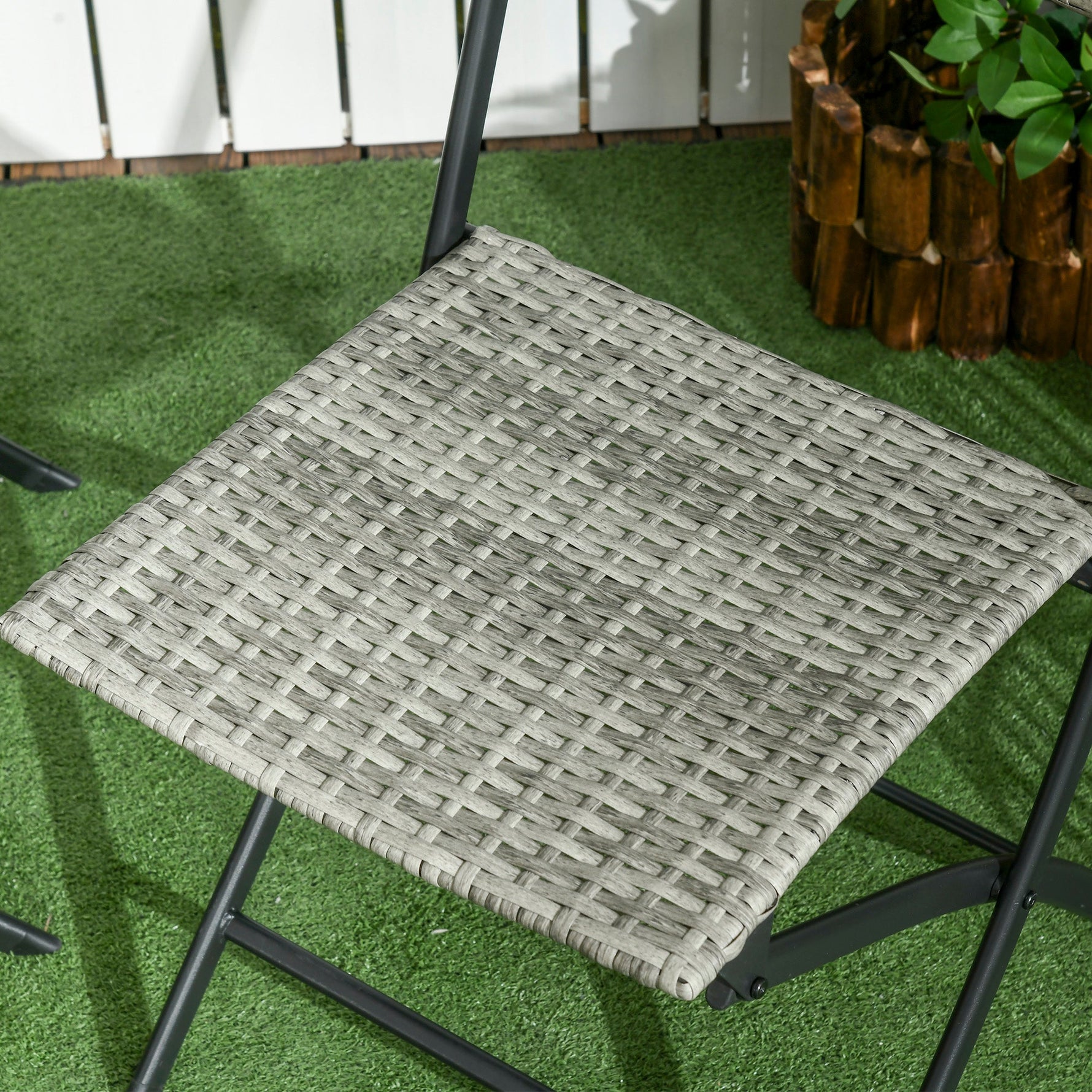 Balcony Furniture Set, 3-Piece Rattan Bistro with 2 Folding Chairs and Table, Light Grey Metal