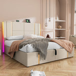 Upholstered Double Bed, 180x200cm, USB-C, APP Control, LED, Storage, Beige Linen