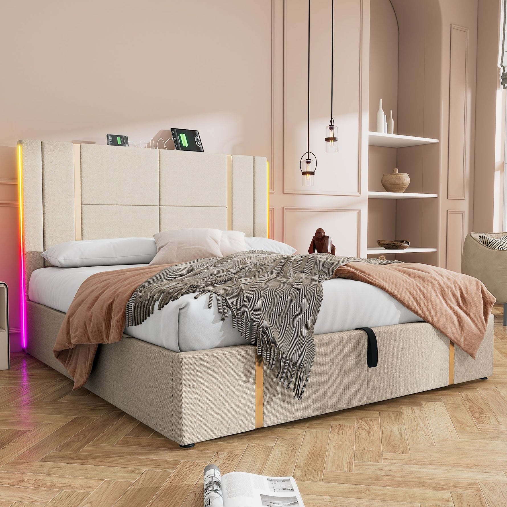 Upholstered Double Bed, 180x200cm, USB-C, APP Control, LED, Storage, Beige Linen
