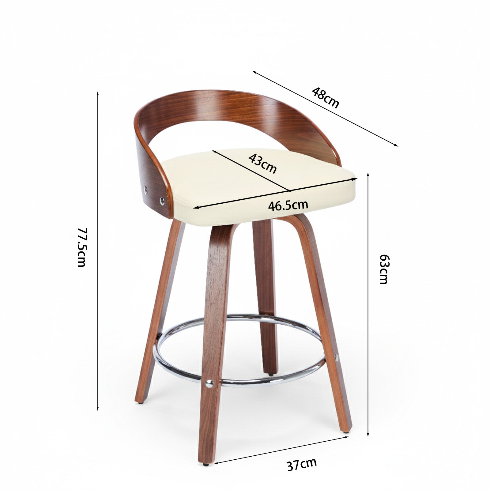 Bar Stools Set of 2, Swivel 63CM Counter Height Chairs with Low Back and Wood Legs, Beige Wood and Faux Leather