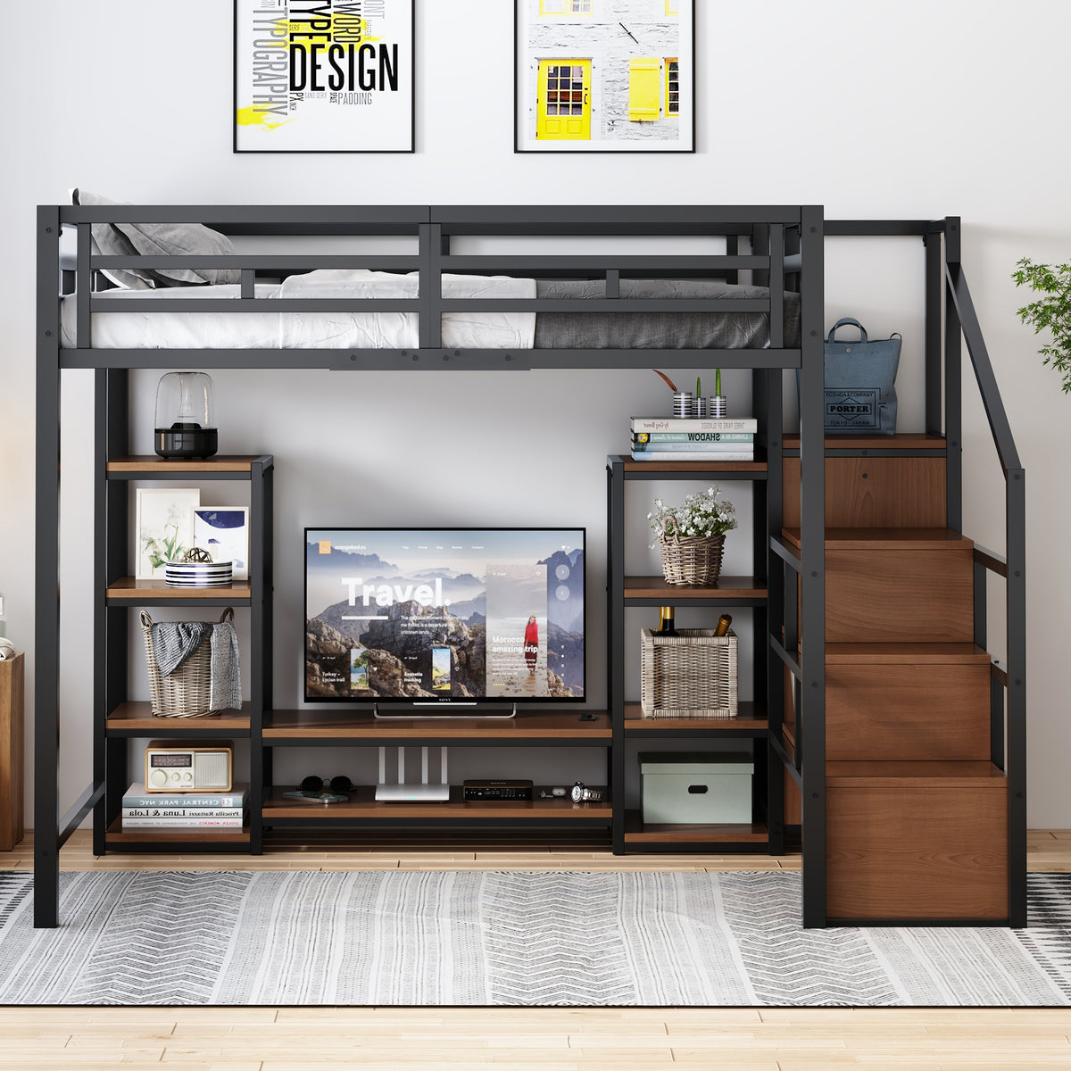 Loft Bed 140x200 with TV Stand & Power Outlet, Black