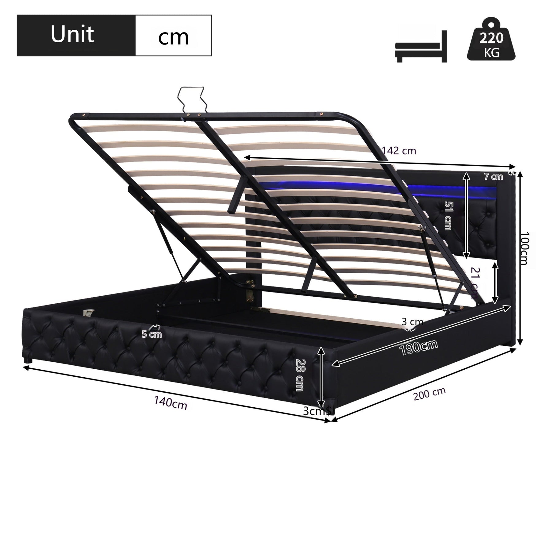 Upholstered Bed 140x190cm Hydraulic Storage Slatted Base LED Light Black PU