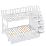 Children's Bunk Bed with Safety Stairs, Storage Drawers, Slatted Base, White Solid Wood