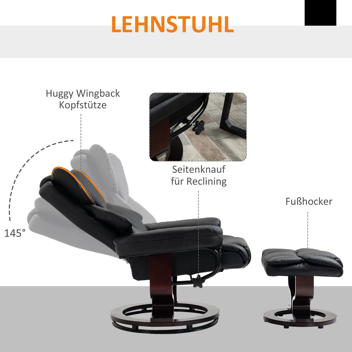Reclining Armchair with Footstool, Swivel TV Armchair Faux Leather Black