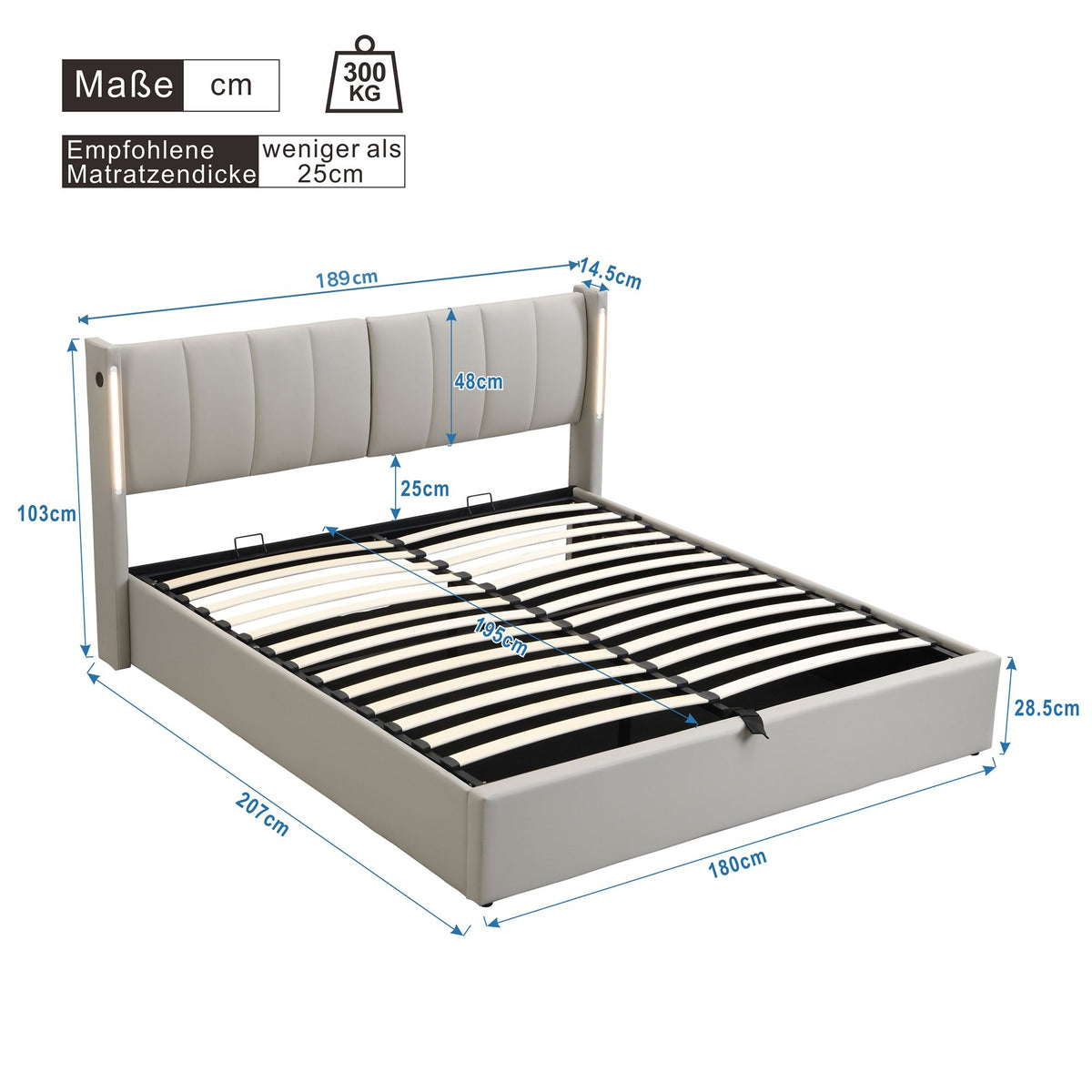 Hydraulic Upholstered LED Bed 180x200 cm with USB Storage, Grey PU