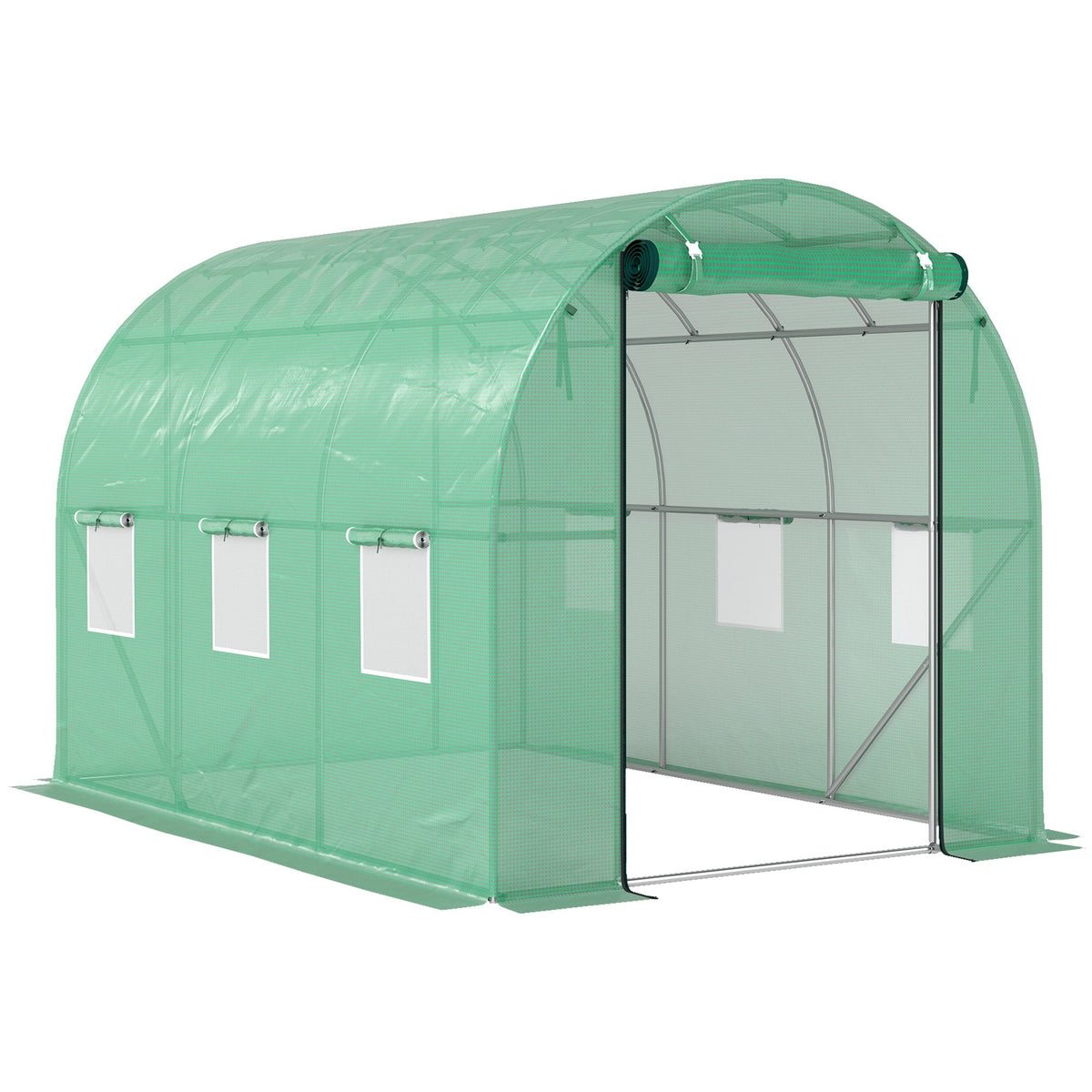 Greenhouse 3x2x2m Polytunnel with 6 Windows, Roll-Up Door, UV-Resistant, Green