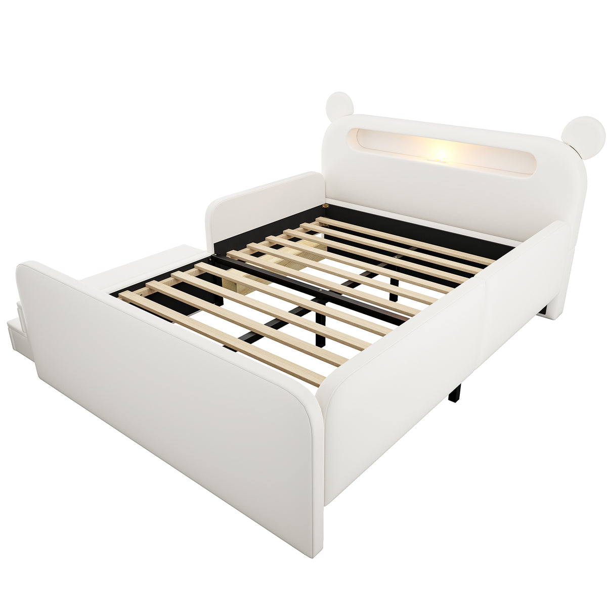 Children's Upholstered Bed 140x200 Bear Headboard White Faux Leather