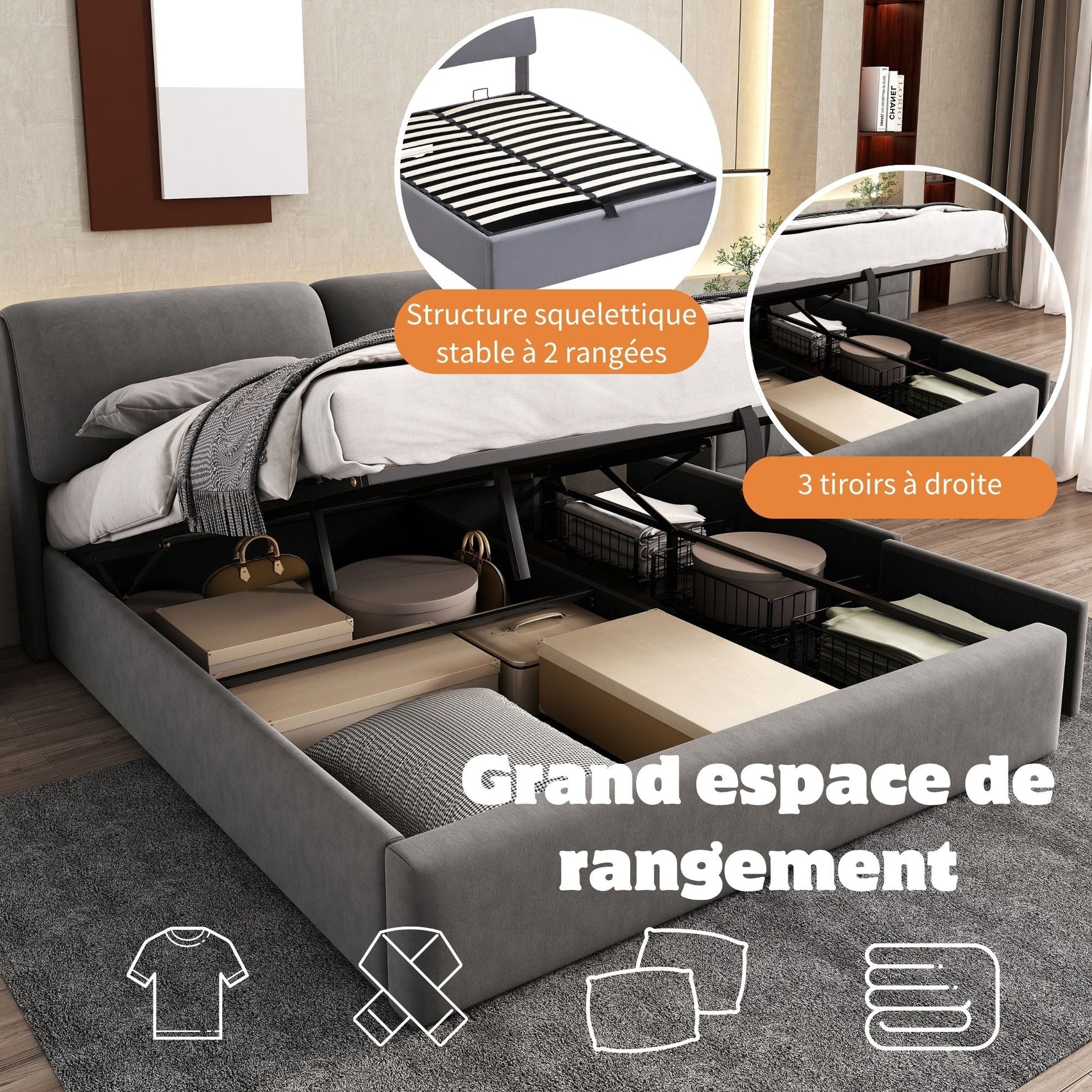 Upholstered Bed with Hydraulic Base, Three Drawers and Storage, 140x190cm, Gray Velvet