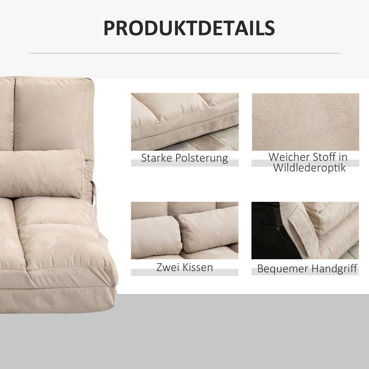 Floor Chair 2-in-1 Bed Adjustable Backrest Seat Cushion Beige Velvet Steel