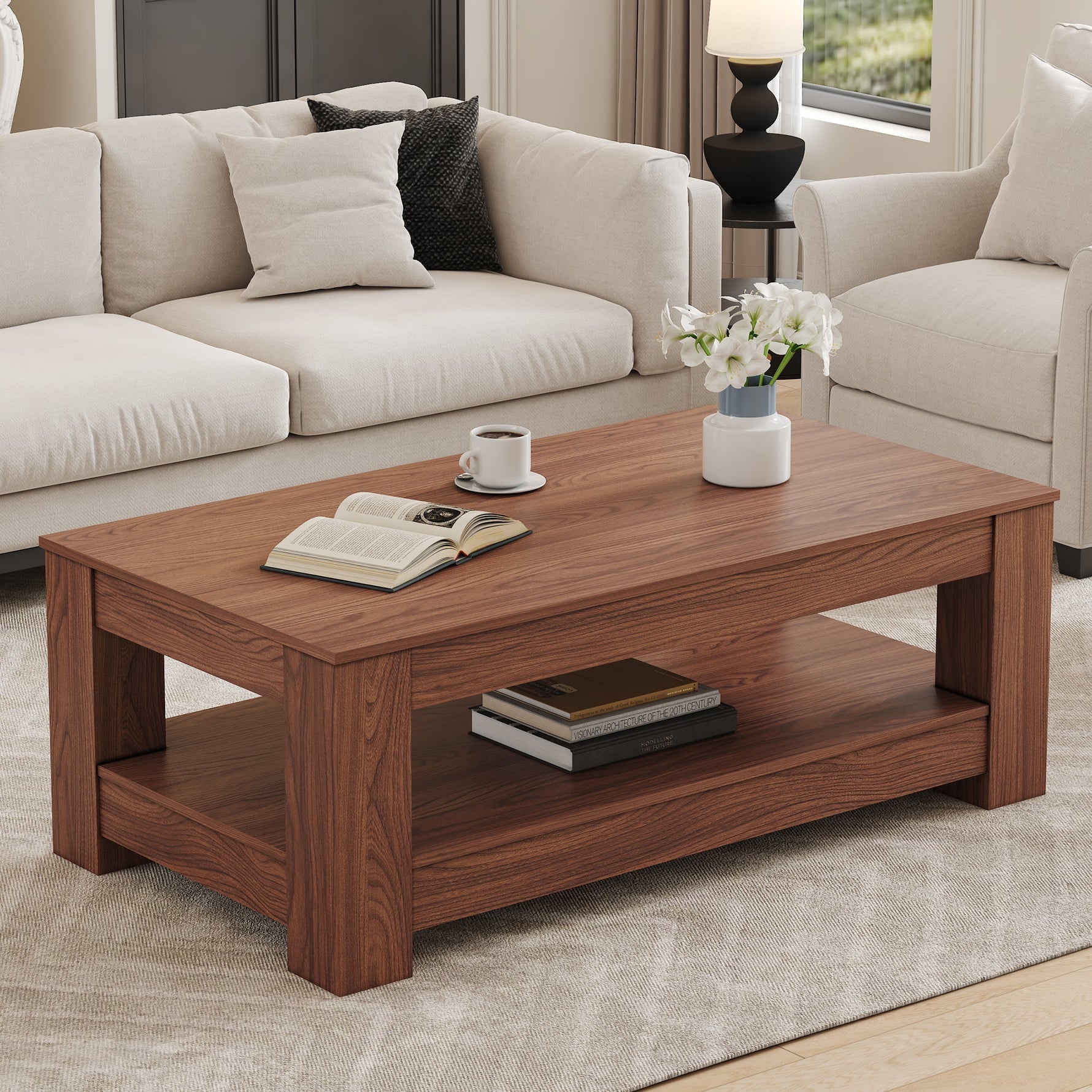 Coffee Table with Modern Two-Tiered Design, Walnut Wood MDF