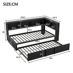 Metal Daybed with Pull-out Bed, Storage Cabinets, LED Lighting and USB Ports, 90x200cm, Black Metal