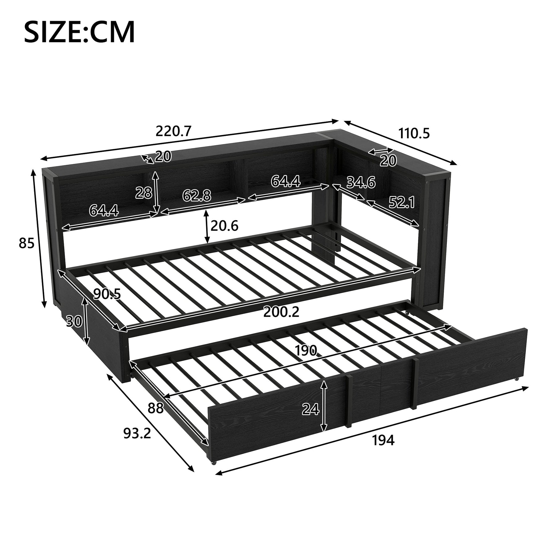 Metal Daybed with Pull-out Bed, Storage Cabinets, LED Lighting and USB Ports, 90x200cm, Black Metal