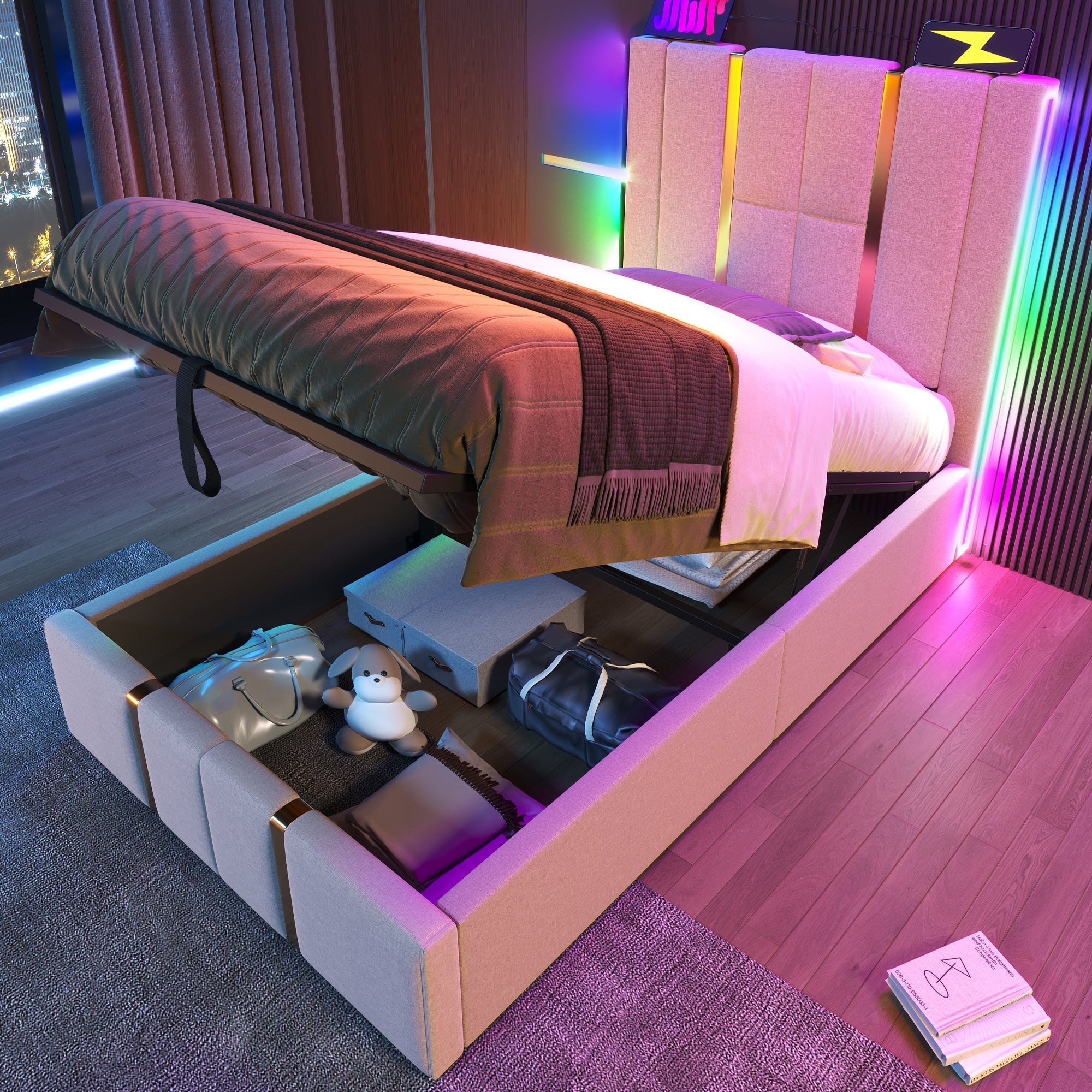 Upholstered Bed, USB C, LED, Storage, 90x200, Wood Slats, Beige Linen