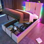 Upholstered Bed, USB C, LED, Storage, 90x200, Wood Slats, Beige Linen