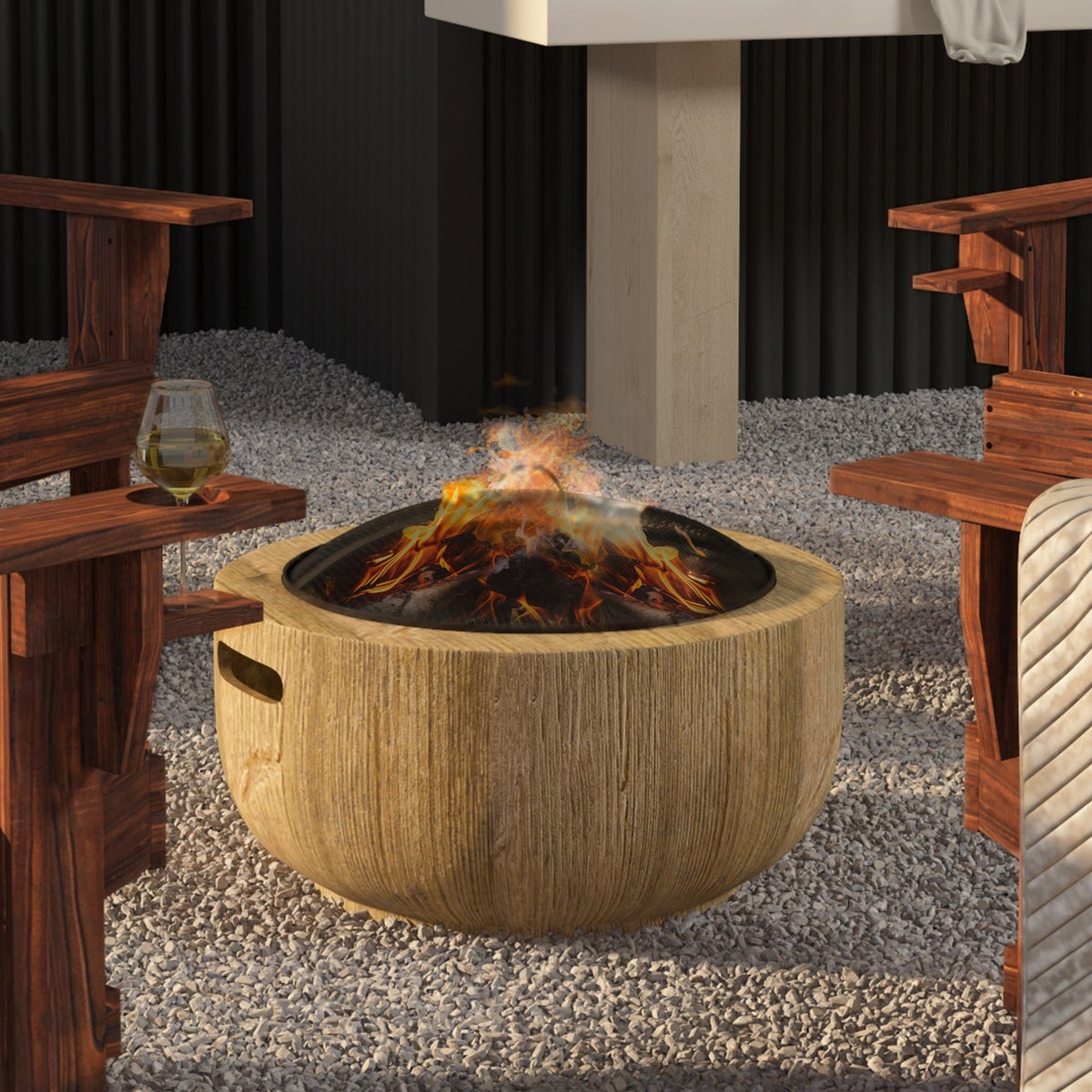Fire Bowl Fire Pit, Lid & Poker, Tree Stump Design, Steel MgO Brown