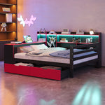 Wooden Sofa Bed with Desk, Bookshelf, Storage and LED, 140x200cm, Black and Red Wood