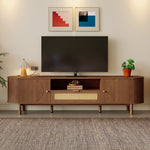 Modern TV Cabinet Rattan Drawers Open Shelves Rounded Top Wood Look Metal Legs