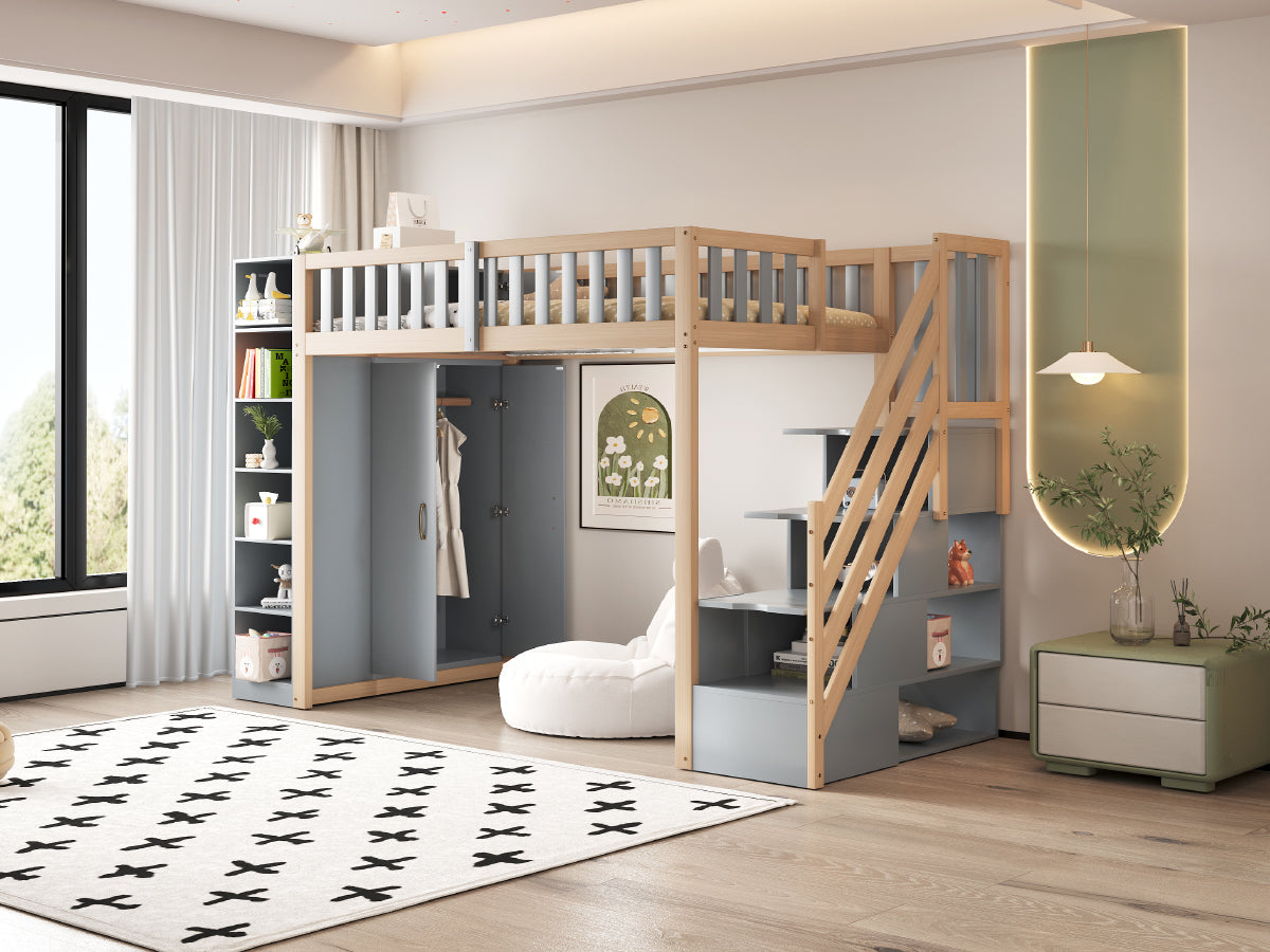 Loft Bed, Multifunctional with Shelves, Storage & Wardrobe, Grey + Raw Wood