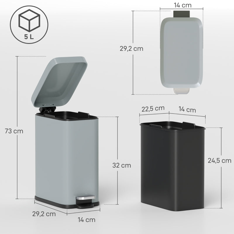 Metal Trash Can with Foot Pedal & Inner Bucket, 5L, Grey