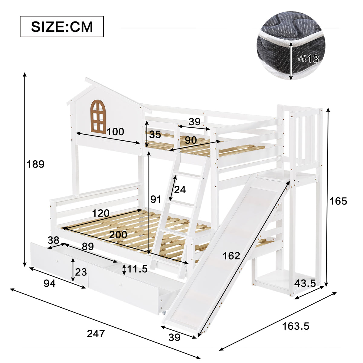 Bunk Bed with Slide & Drawers, Solid Wood Frame, White