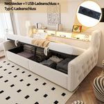 Upholstered Sofa Bed with Hydraulic Storage, LED Lighting and Charging Station, 90x200cm, Beige Velvet