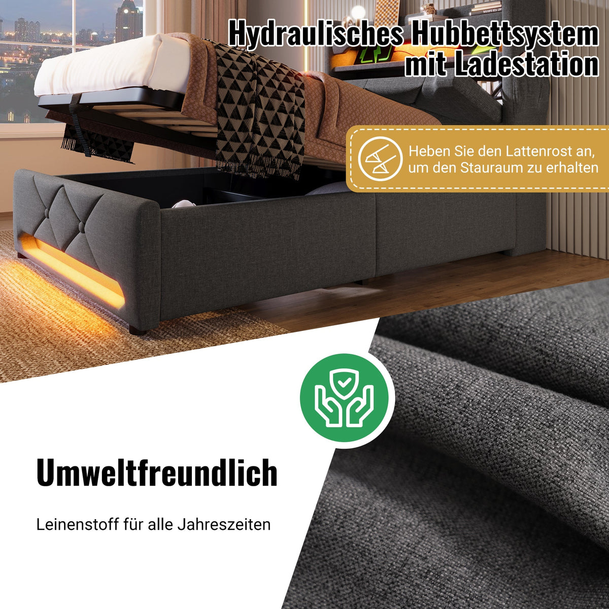 Upholstered Double Bed 160x200, USB & Type-C, 360-LED, Hydraulic Storage, Gray Linen