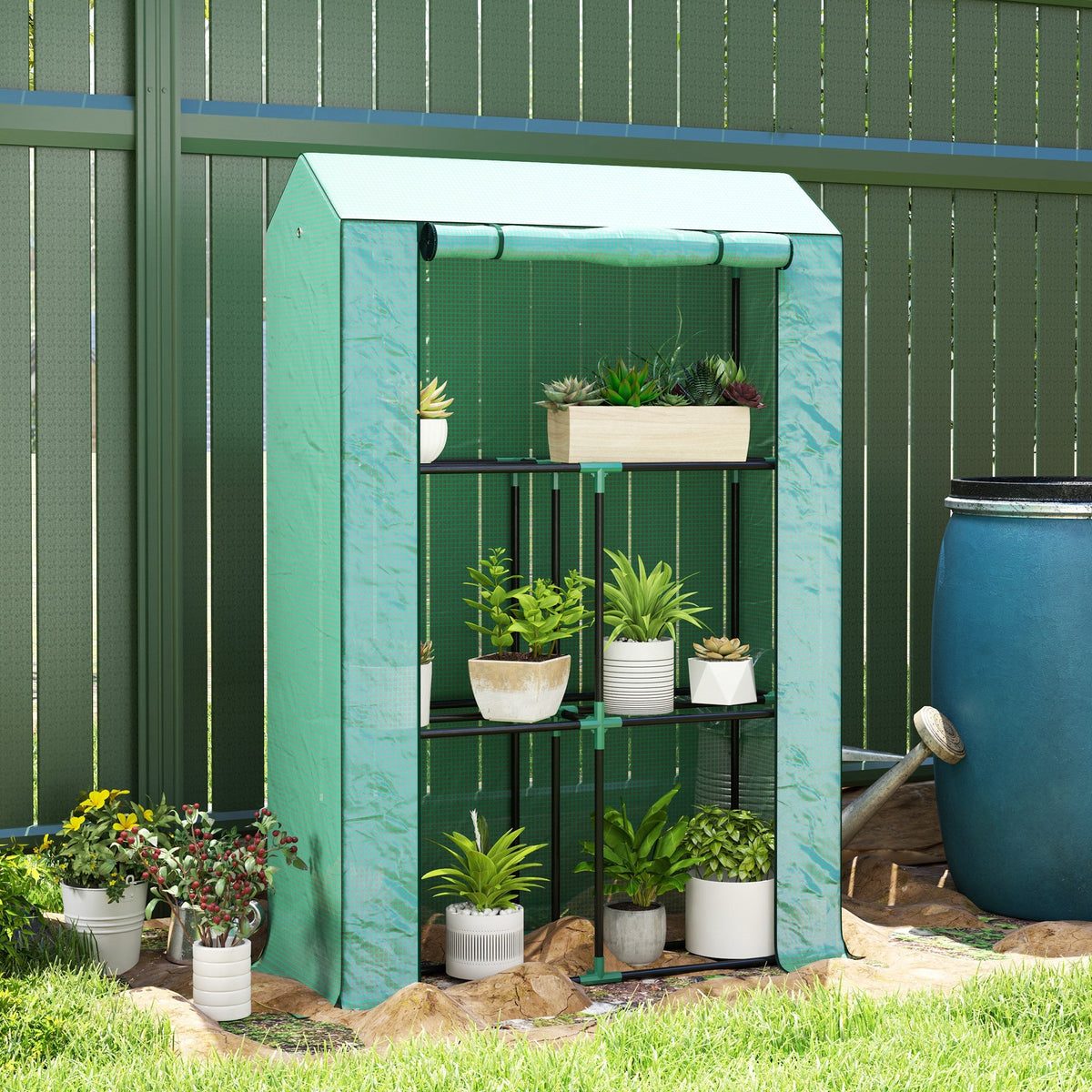 Greenhouse with shelves and roller door, winter-proof film, steel, green