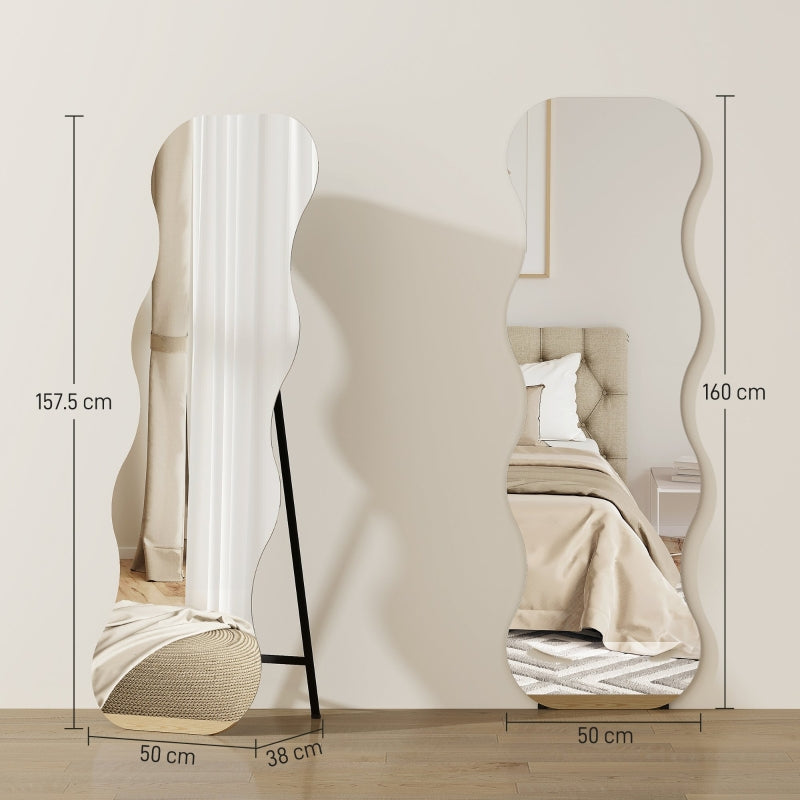 Full-Length Frameless Wave Mirror with Wooden Base, Black