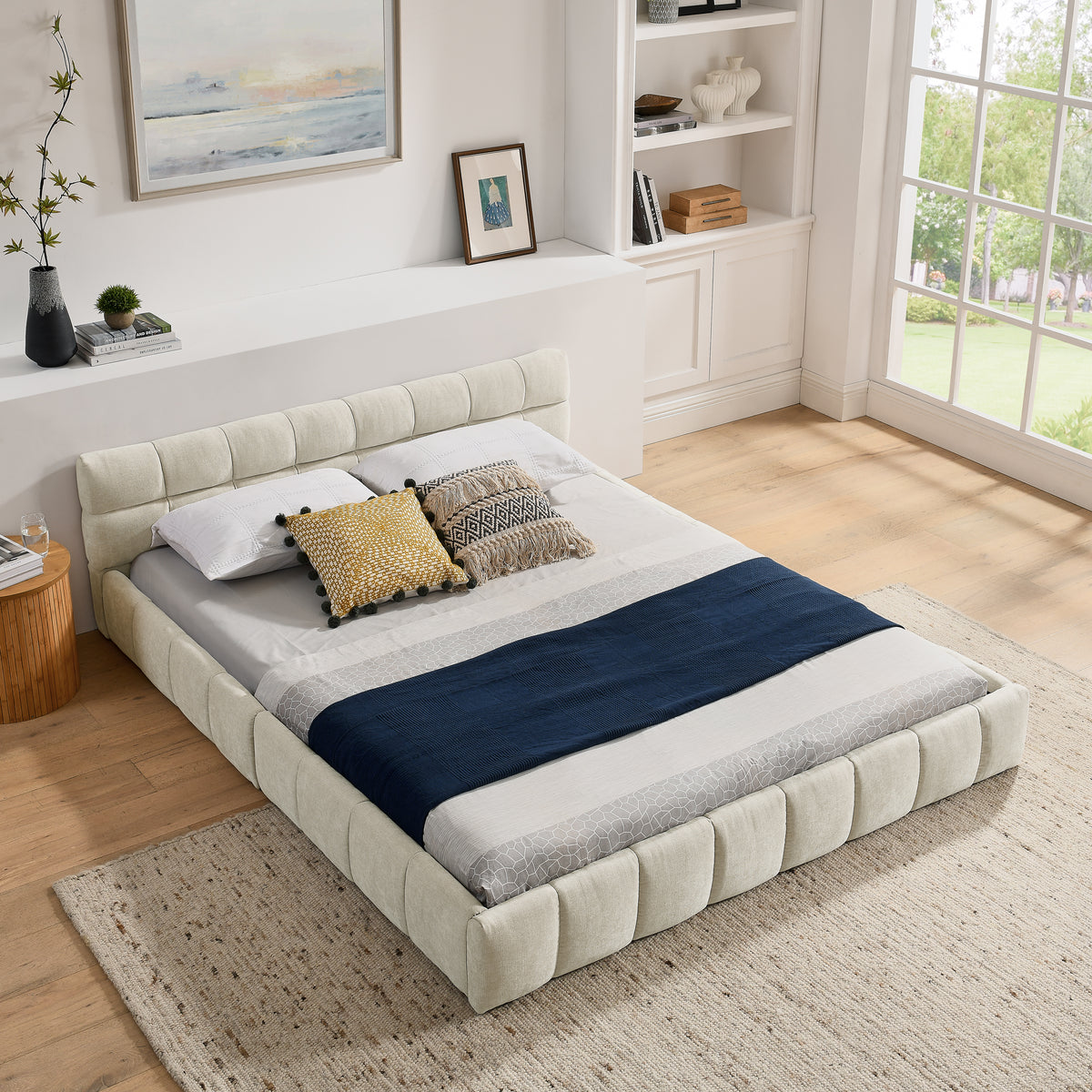 Double Bed 160x200cm Soft Quilted Frame - Beige Chenille