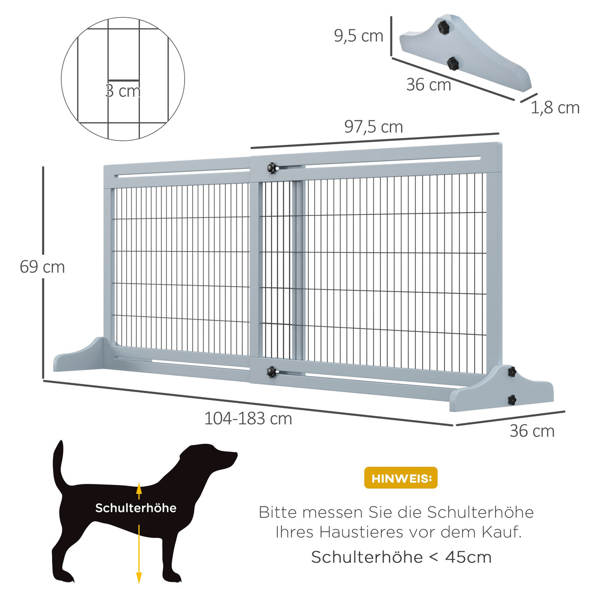 Wooden Dog Gate, Extendable Freestanding 104-183cm Grey