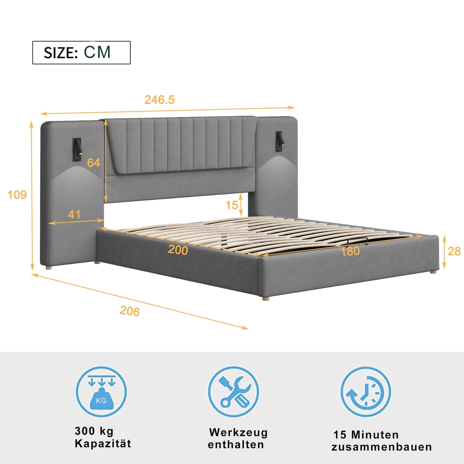 Upholstered Bed 180x200cm, Hydraulic Storage with USB & Reading Lamp, Grey Velvet