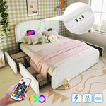 Upholstered Bed with USB Type C, LED Lighting and 4 Drawers, 160x200cm, Sherpa White with Mattress