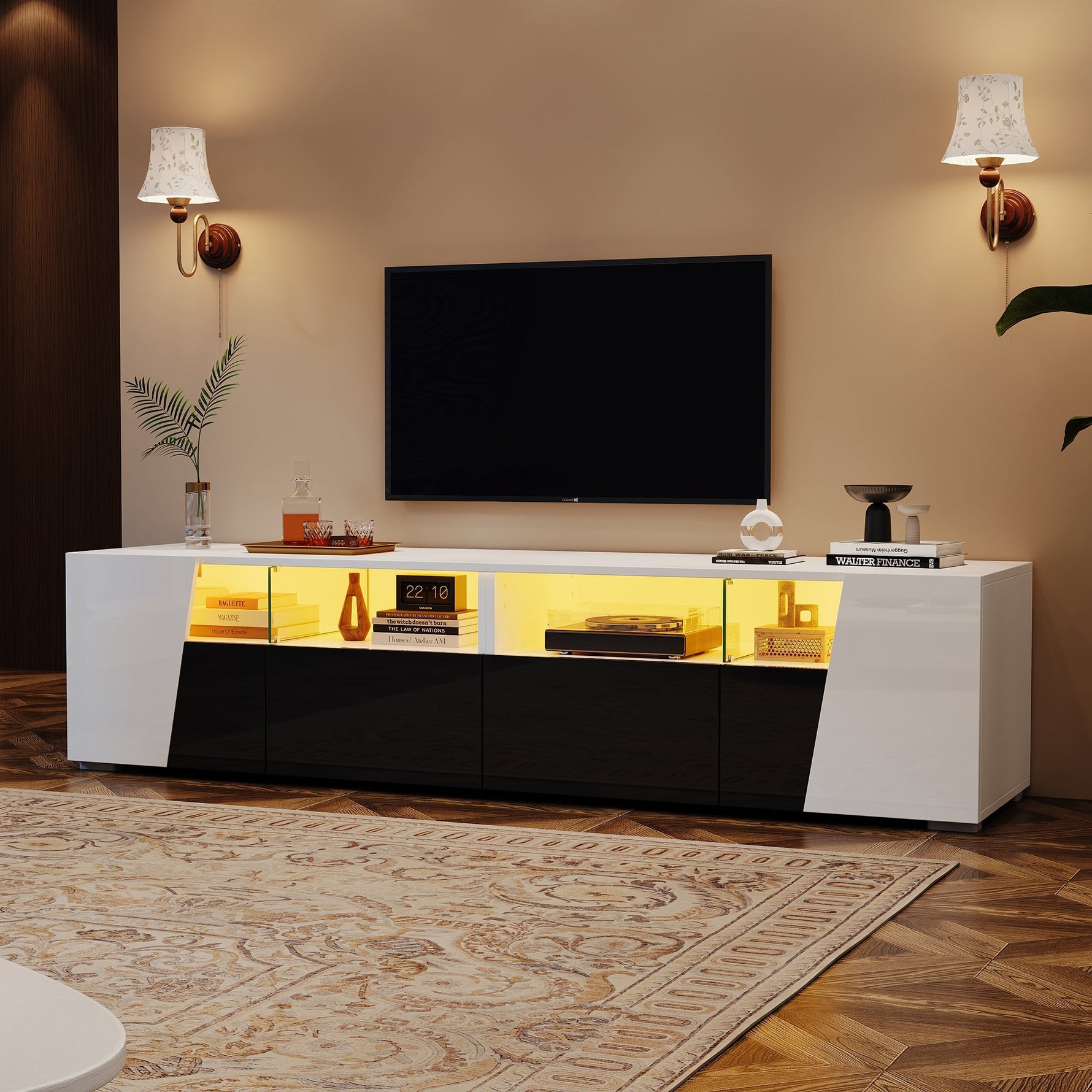 High-Gloss TV Stand 180cm LED 2 Drawers 2 Cabinets For 80 Inch TV - White/Black