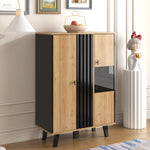 Sideboard, Display Cabinet with Glass and LED Lighting, Black and Wood