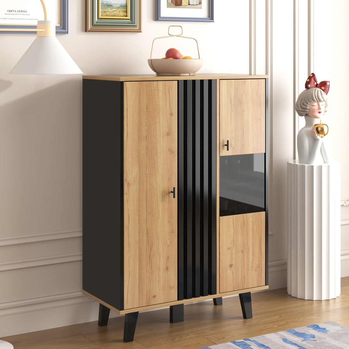 Sideboard, Display Cabinet with Glass and LED Lighting, Black and Wood