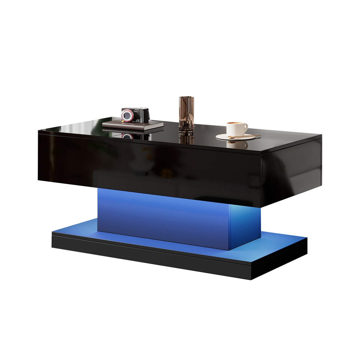 High-gloss Lift-Up Tea Table, LED Coffee Table with Storage, 100x50x45 cm