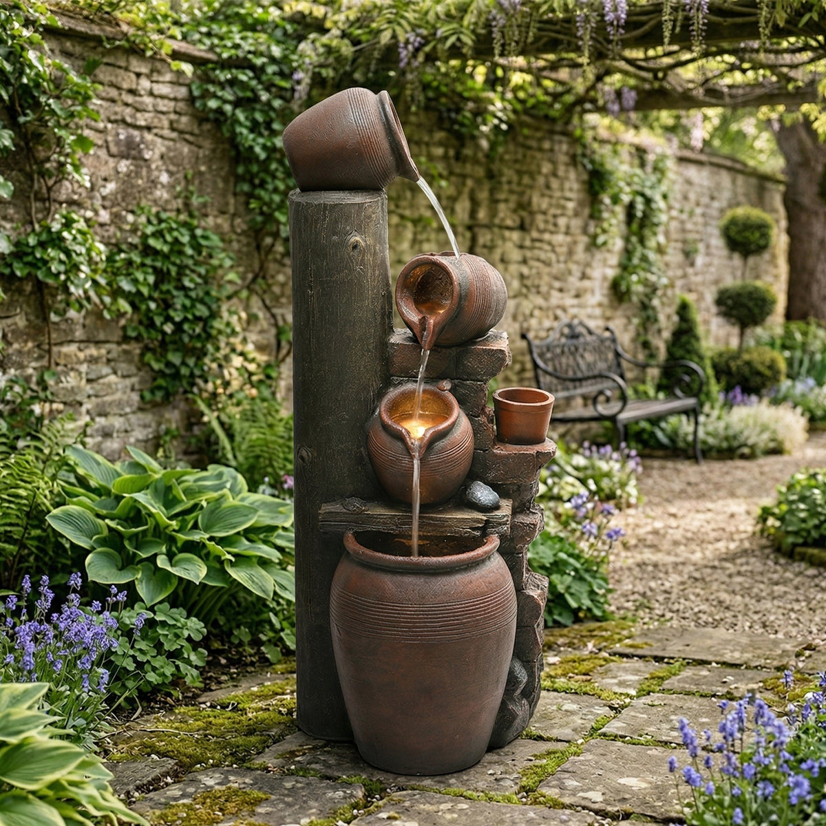 Garden Fountain with LED Lighting, Water Pump and Decorative Basin, Brown Artificial Stone