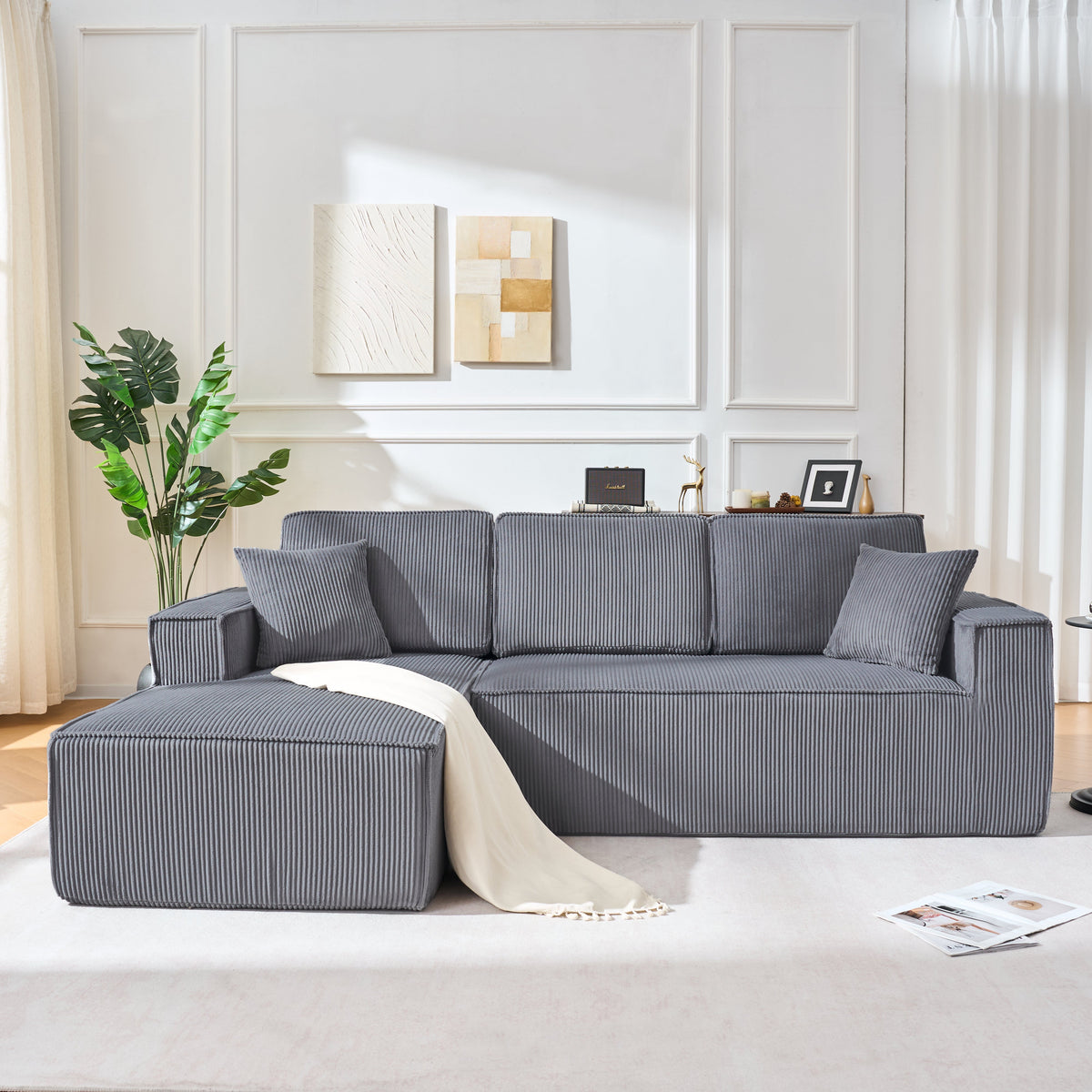 L-Shaped Modular Corner Sofa with Chaise Longue and High-Density Foam, Grey Corduroy