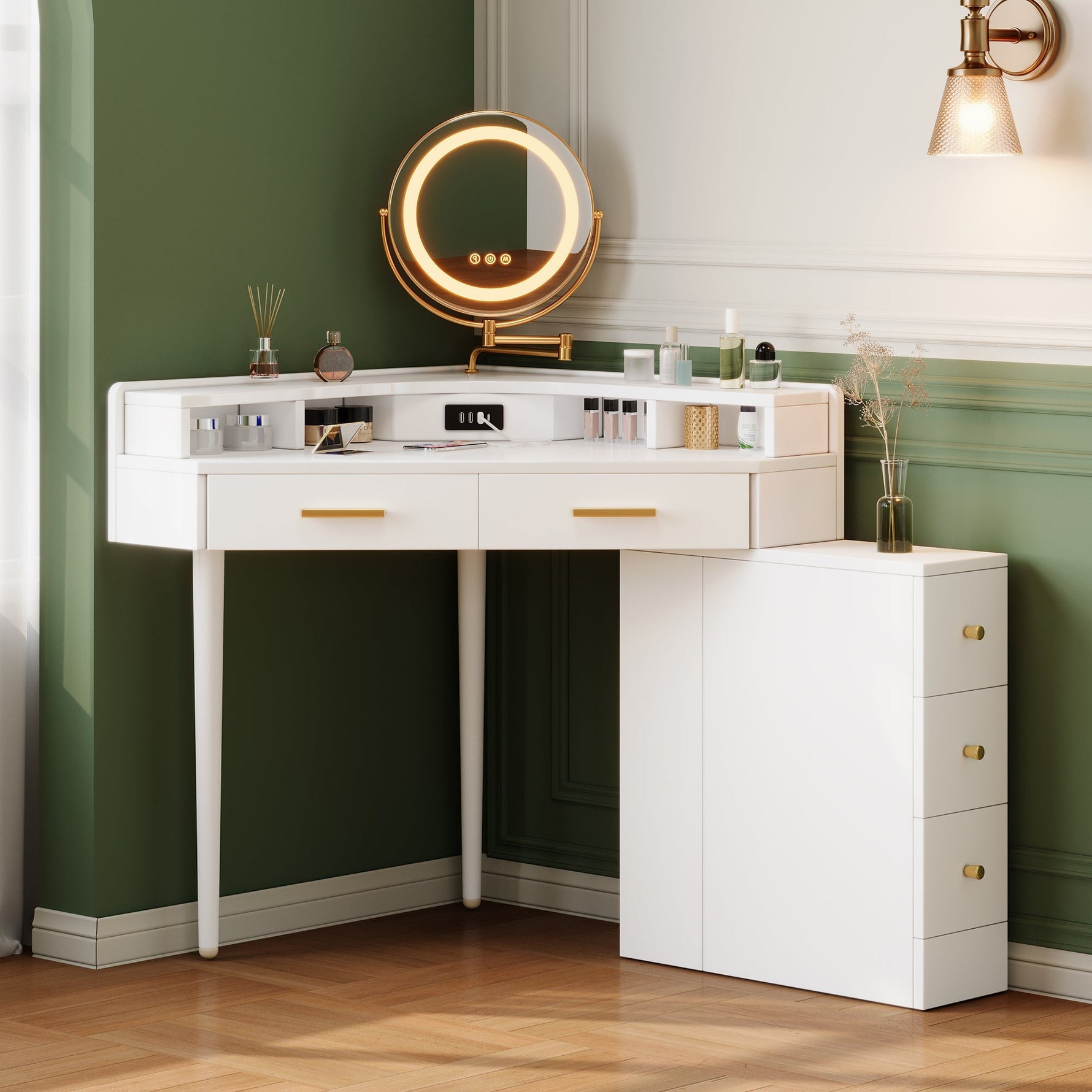 Corner Dressing Table Rotating LED Mirror 5 Drawers USB-C Ports White
